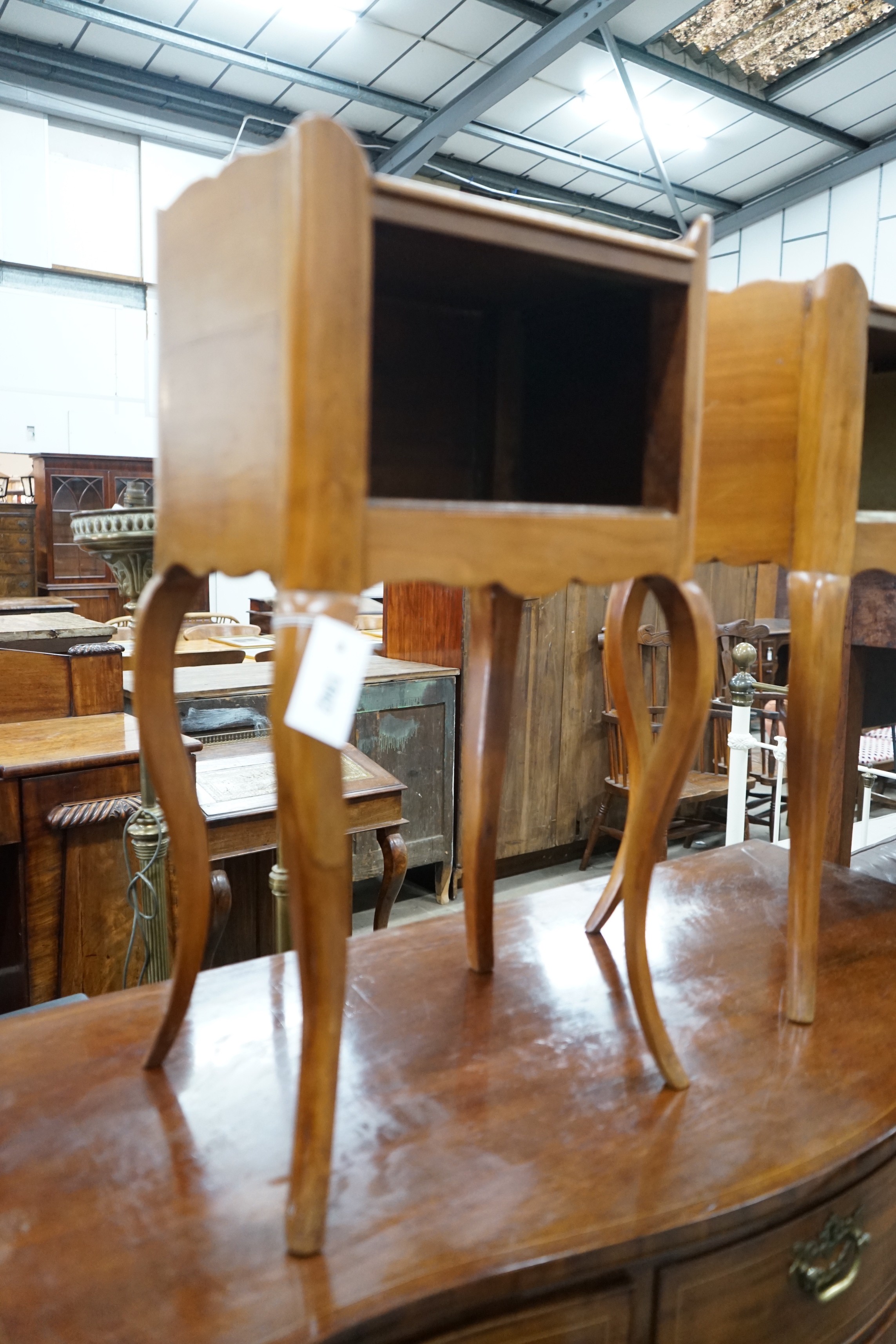 A pair of French style cherry bedside cabinets, width 37cm, depth 28cm, height 69cm